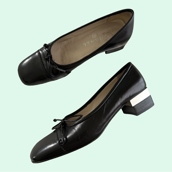 Chanel Black Leather Ballet Block Low Heel 7.5 - Picture 1 of 13
